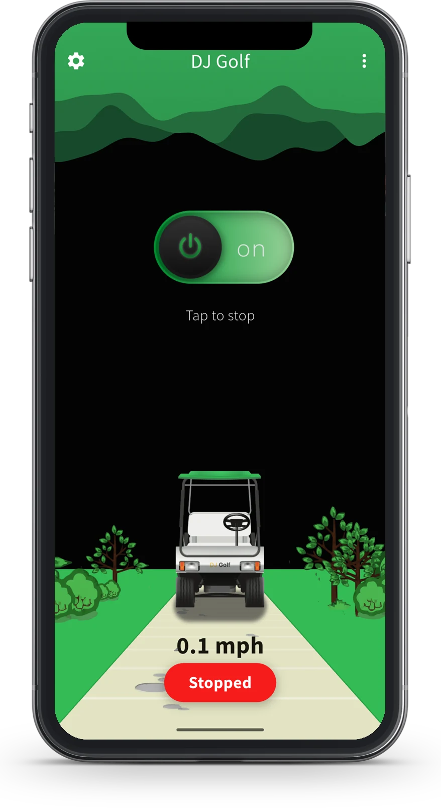 DJ Golf on a phone with the cart stopped: no sound waves, 0.1 mph, and a red Stopped badge showing the music has been paused.