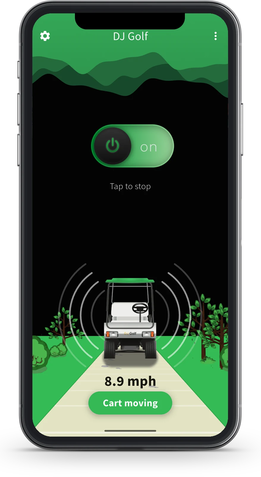 DJ Golf on a phone: a golf cart driving, sound waves around it, and the words Cart moving at 8.9 mph.